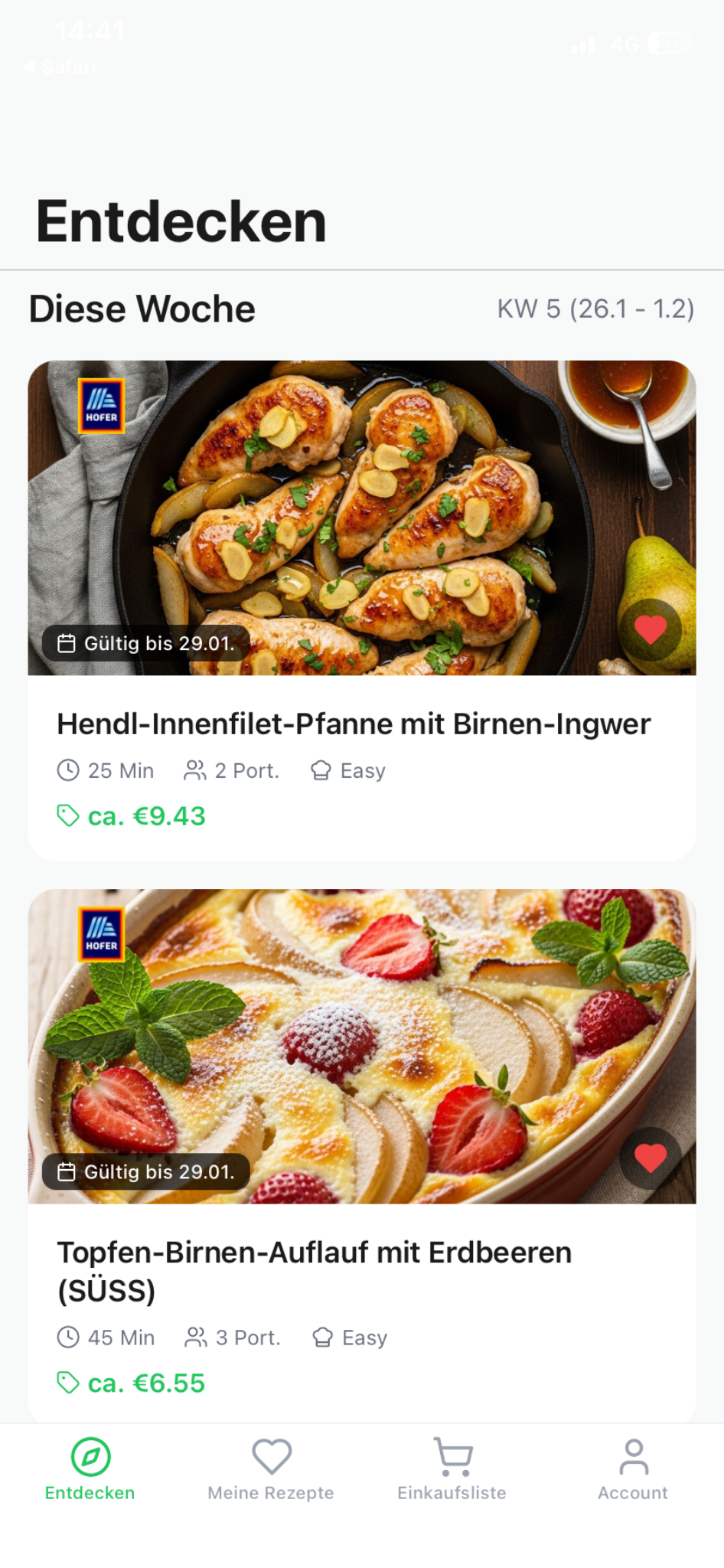 Discover – Rezeptliste mit Preisen